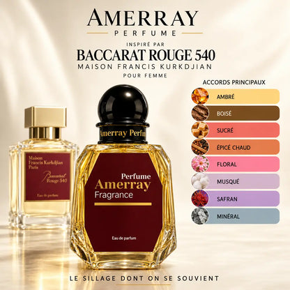 Amerray inspiré par Baccarat Rouge 540 Maison Francis Kurkdjian – accords ambré · boisé · sucré · épicé chaud · floral · musqué · safran · minéral