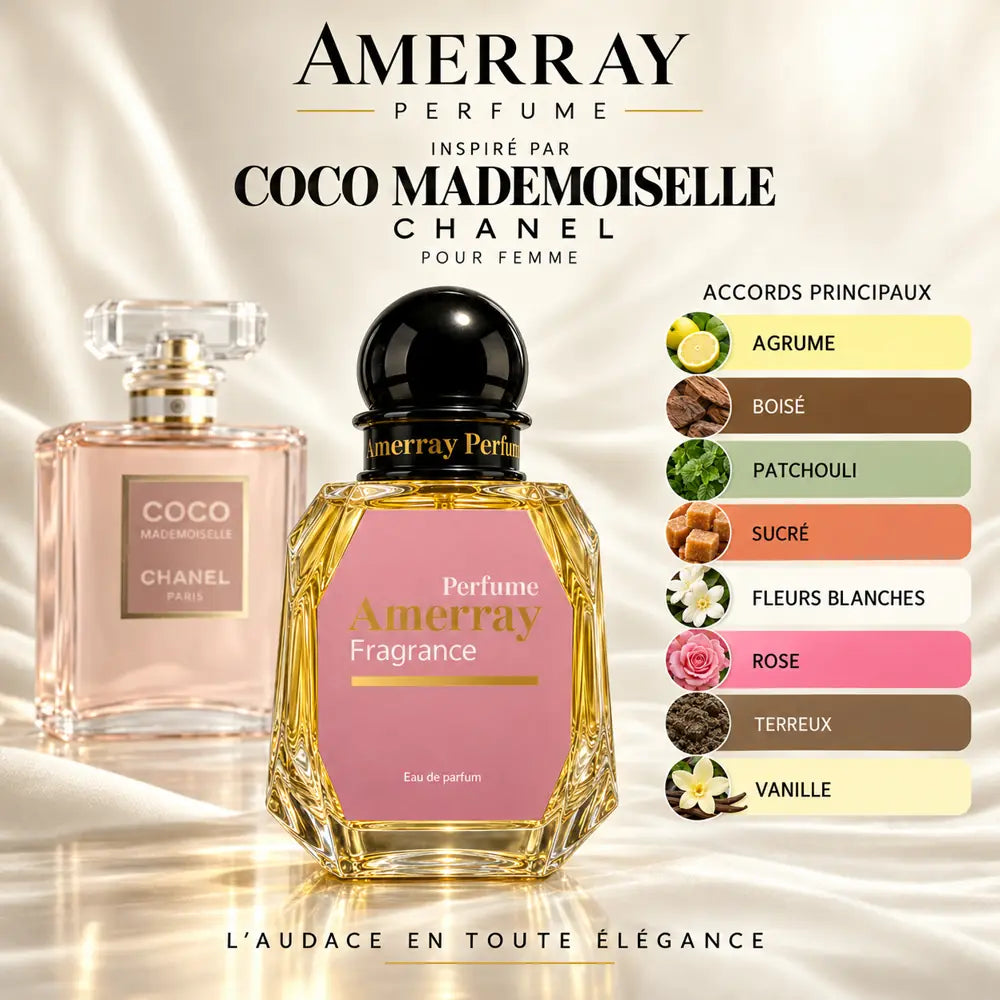 Amerray inspiré par Coco Mademoiselle Chanel – accords agrume · boisé · patchouli · sucré · fleurs blanches · rose · terreux · vanille