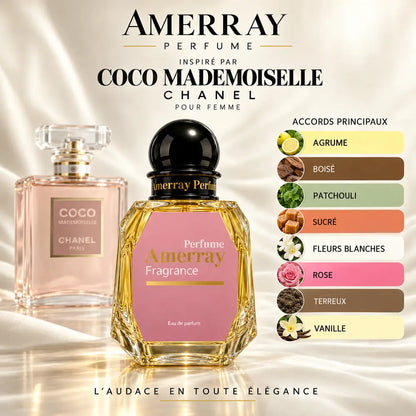Amerray inspiré par Coco Mademoiselle Chanel – accords agrume · boisé · patchouli · sucré · fleurs blanches · rose · terreux · vanille
