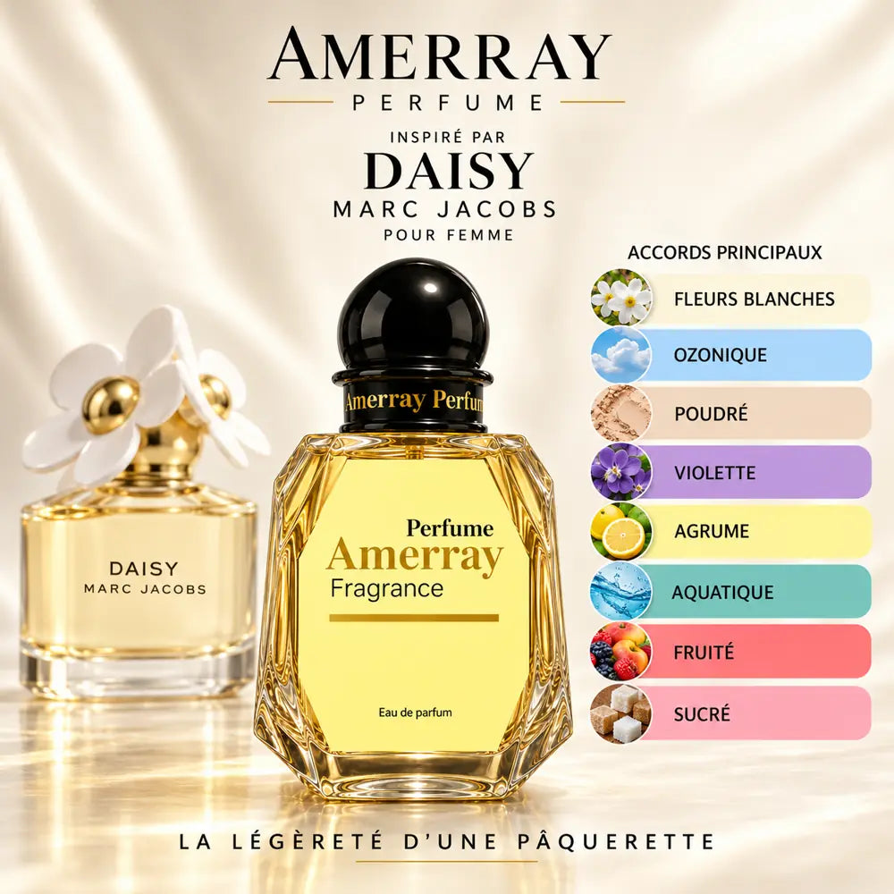Amerray inspiré par Daisy Marc Jacobs – accords fleurs blanches · ozonique · poudré · violette · agrume · aquatique · fruité · sucré