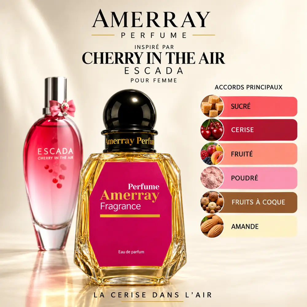 Amerray inspiré par Cherry in the Air Escada – accords sucré · cerise · fruité · poudré · fruits à coque · amande