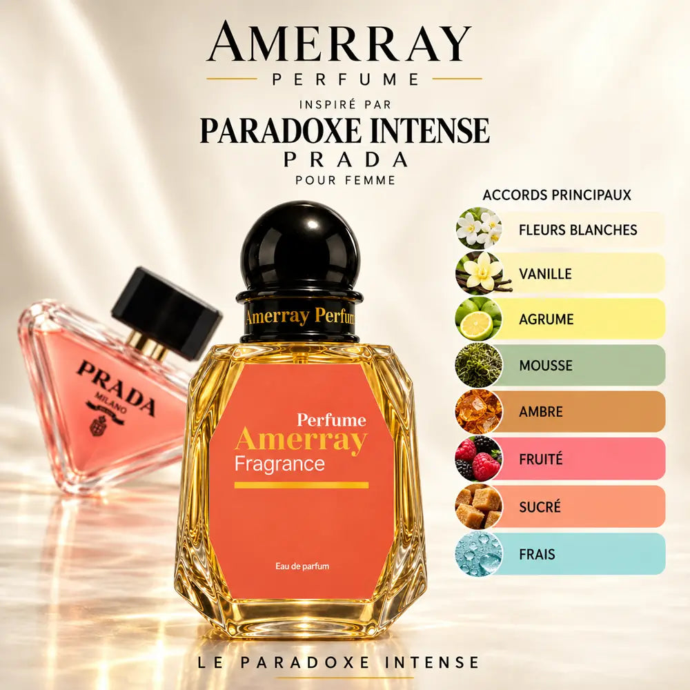 Amerray inspiré par Paradoxe Intense Prada – accords fleurs blanches · vanille · agrume · mousse · ambre · fruité · sucré · frais