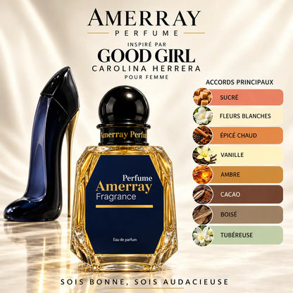 Amerray inspiré par Good Girl Carolina Herrera – accords sucré · fleurs blanches · épicé chaud · vanille · ambre · cacao · boisé · tubéreuse