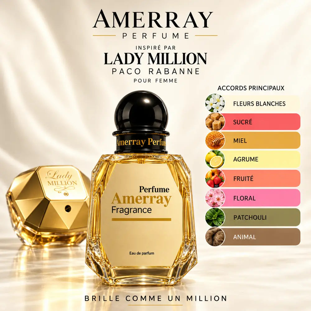 Amerray inspiré par Lady Million Paco Rabanne – accords fleurs blanches · sucré · miel · agrume · fruité · floral · patchouli · animal