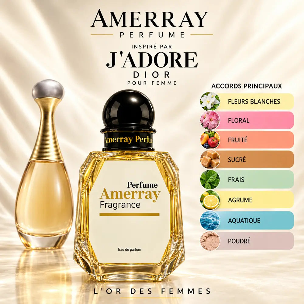 Amerray inspiré par J'adore Dior – accords fleurs blanches · floral · fruité · sucré · frais · agrume · aquatique · poudré