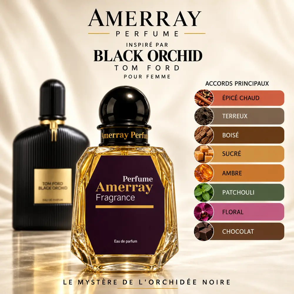Amerray inspiré par Black Orchid Tom Ford – accords épicé chaud · terreux · boisé · sucré · ambre · patchouli · floral · chocolat