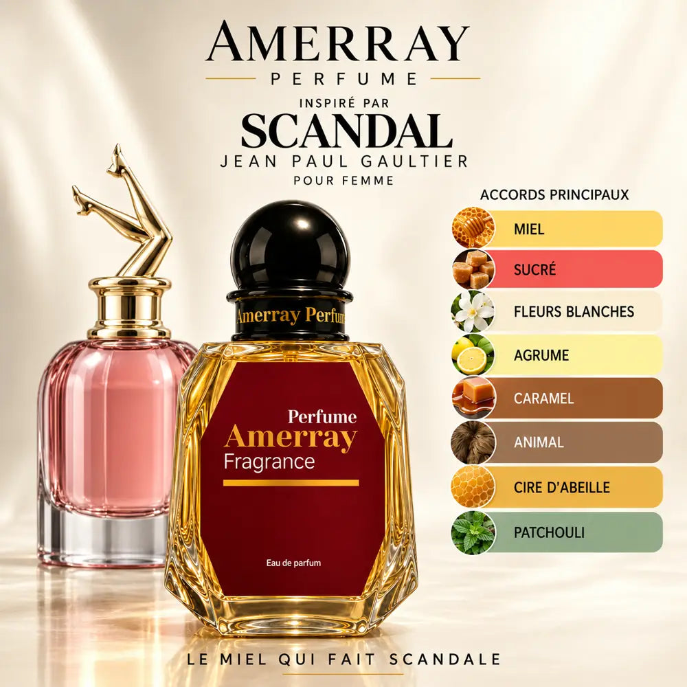 Amerray inspiré par Scandal Jean Paul Gaultier – accords miel · sucré · fleurs blanches · agrume · caramel · animal · cire d'abeille · patchouli
