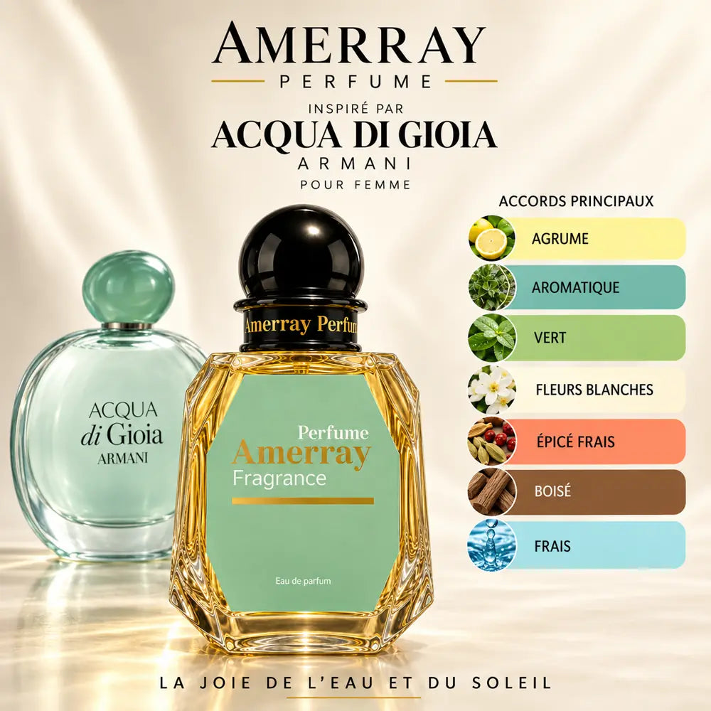 Amerray inspiré par Acqua di Gioia Armani – accords agrume · aromatique · vert · fleurs blanches · épicé frais · boisé · frais