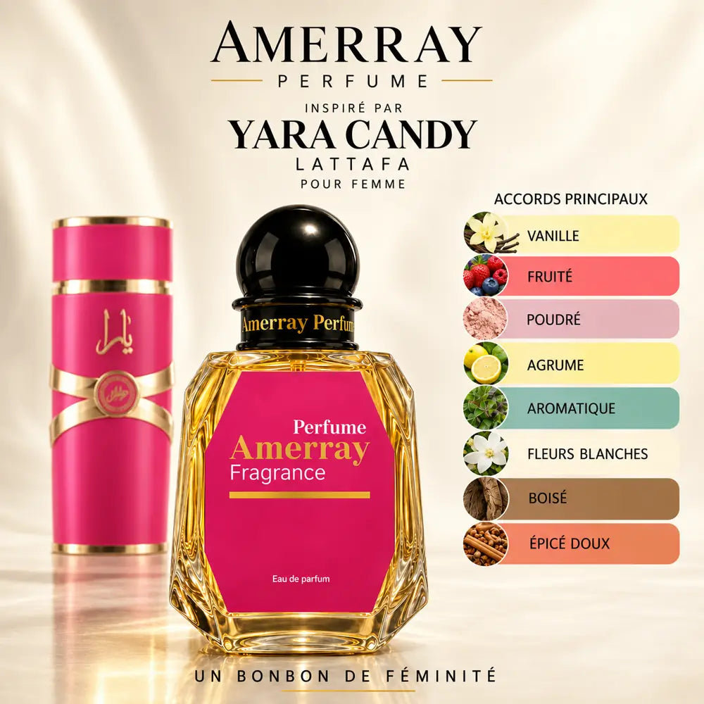 Amerray inspiré par Yara Candy Lattafa – accords vanille · fruité · poudré · agrume · aromatique · fleurs blanches · boisé · épicé doux