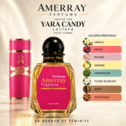Amerray inspiré par Yara Candy Lattafa – accords vanille · fruité · poudré · agrume · aromatique · fleurs blanches · boisé · épicé doux