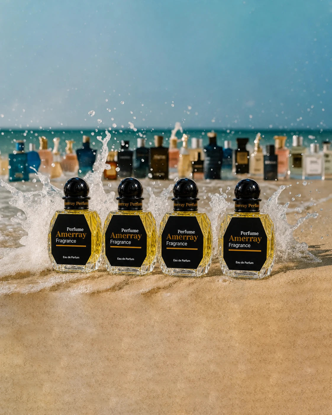 Homme en chemise noire avec parfums Amerray sur table noire dans boutique de parfums au Maroc