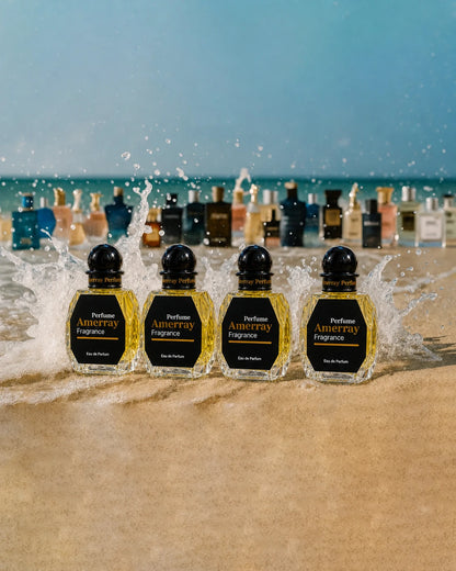 Homme en chemise noire avec parfums Amerray sur table noire dans boutique de parfums au Maroc