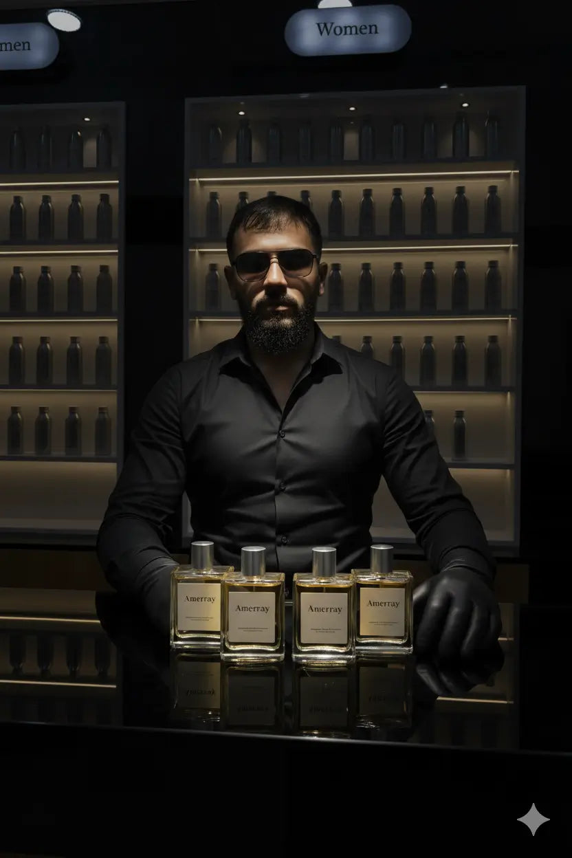 Homme en chemise noire avec parfums Amerray sur table noire dans boutique de parfums au Maroc