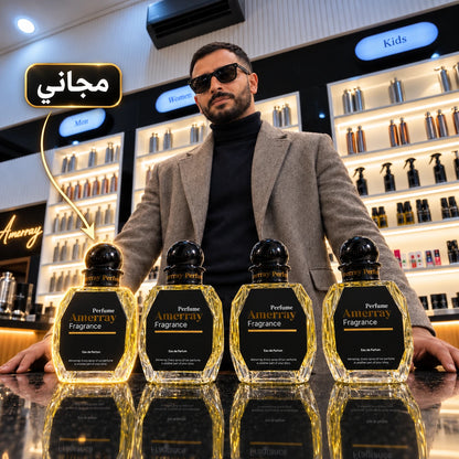 Propriétaire d’Amerray dans sa boutique au Maroc avec quatre parfums Amerray présentés sur le comptoir