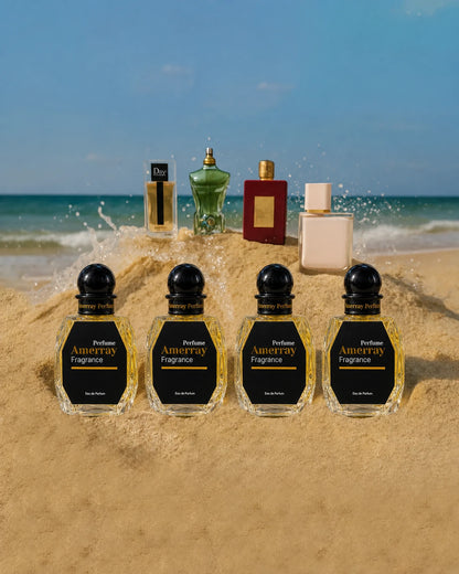 Homme en chemise noire avec parfums Amerray sur table noire dans boutique de parfums au Maroc