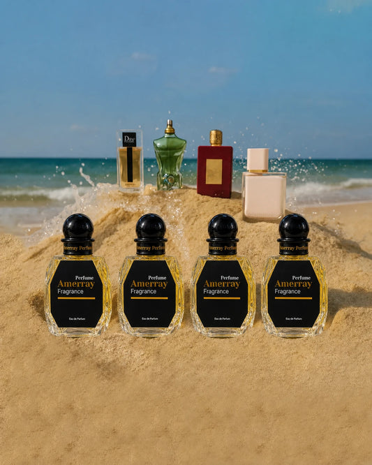 Homme en chemise noire avec parfums Amerray sur table noire dans boutique de parfums au Maroc